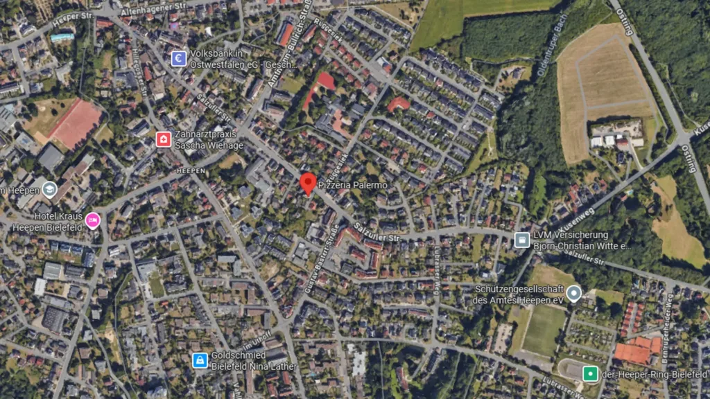 Eine Straßenkarte zeigt die Pizzeria Palermo in Bielefeld. Das Restaurant befindet sich an der Salzufler Straße (B61), nahe der Kreuzung zur Alten Spiekerstraße. Die Karte hebt das umliegende Wohn- und Geschäftsviertel hervor und zeigt wichtige Verbindungsstraßen zur einfachen Orientierung und Navigation im Stadtteil Heepen.